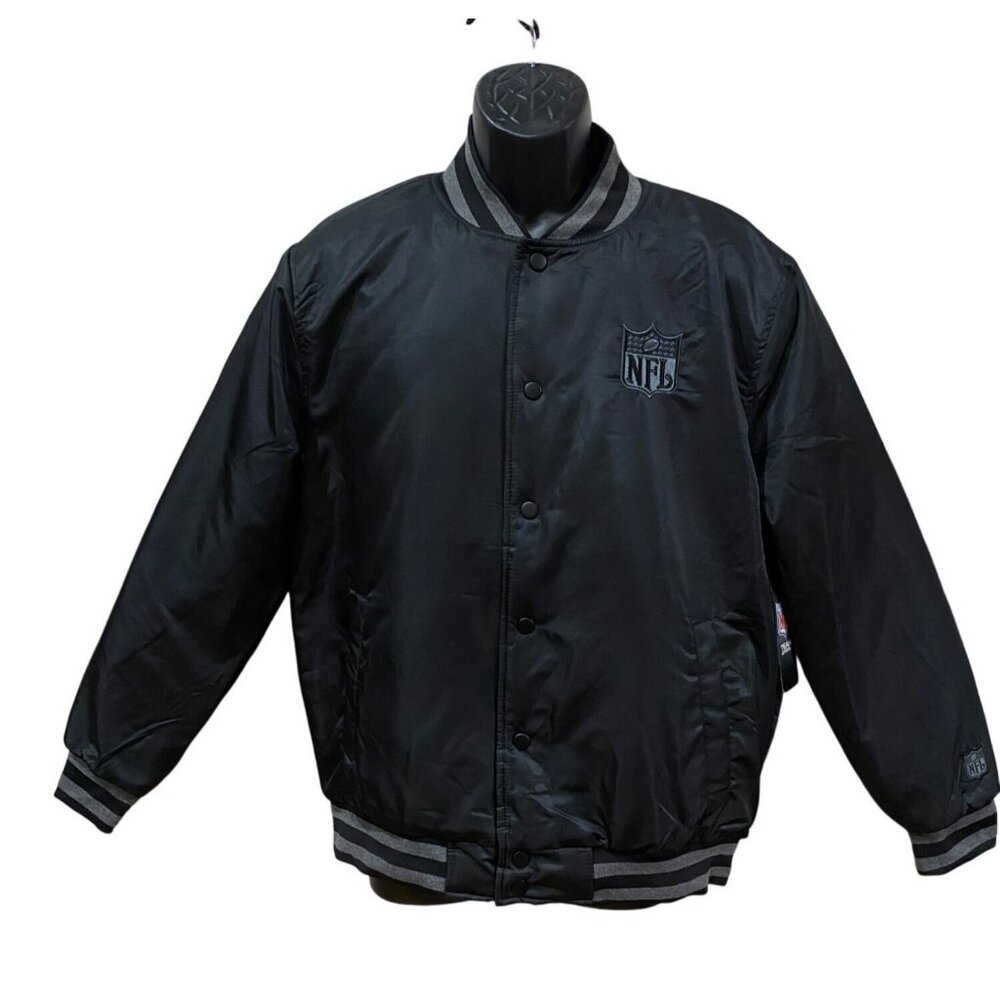 NFL Team Apparel Black Bomber Jacket Quilted Interior Snap-Button Front Fits Men